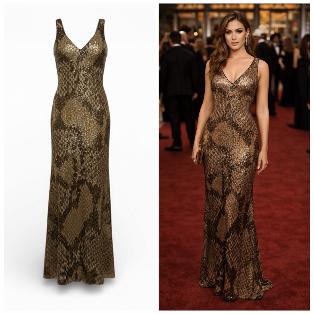 ROBERTO CAVALLI Gold Python Sequin Evening Gown S… - image 1